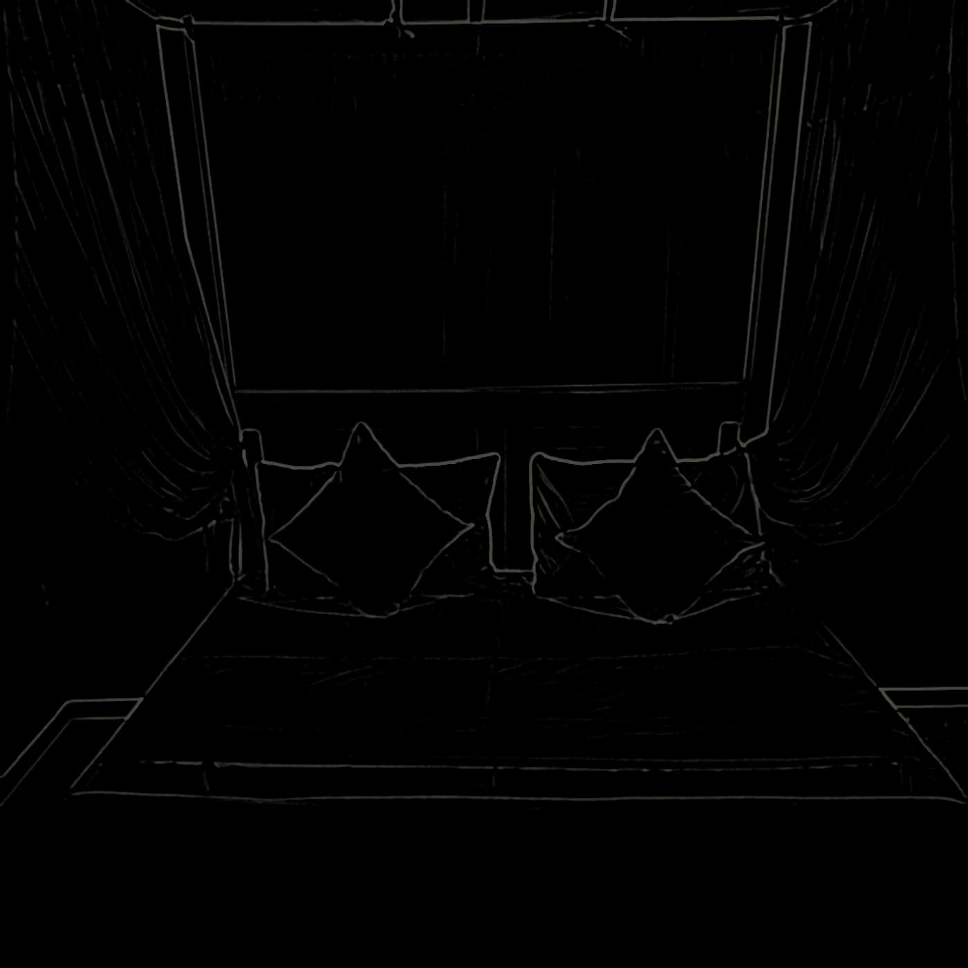 Pencil sketch of a four-poster bed with its mosquito net tied back