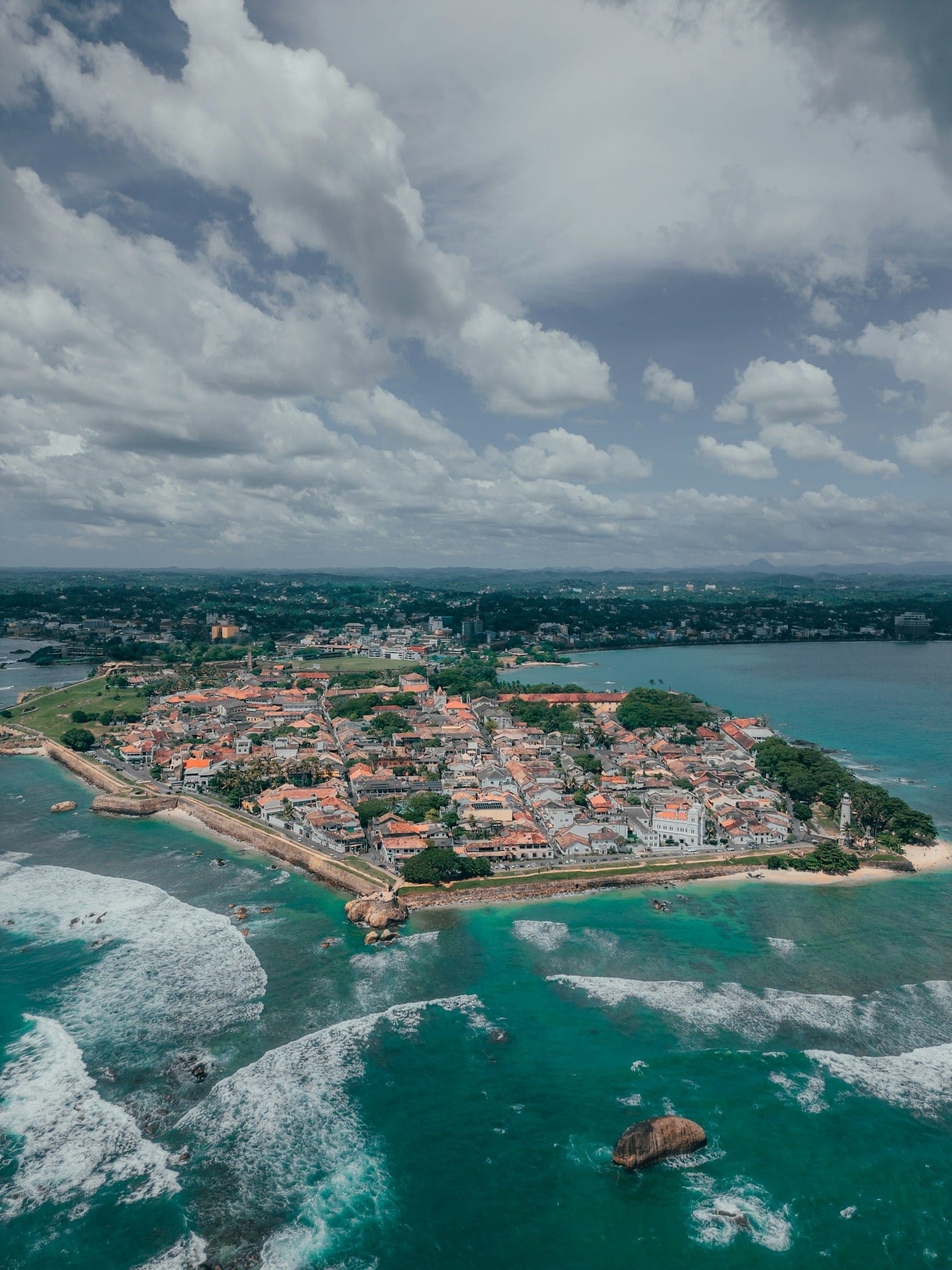 Aerial view of Galle Fort on its headland, surrounded by sea