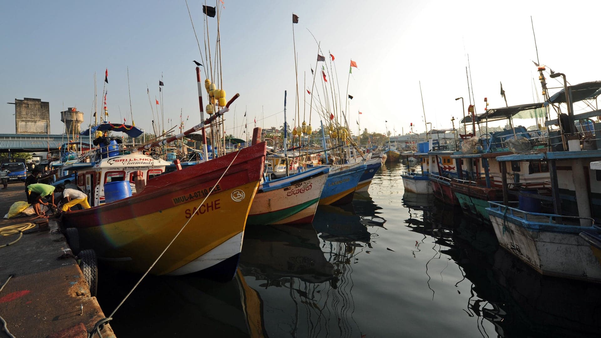 Brightly painted fishing boats moored in Galle harbour, reflected in still water