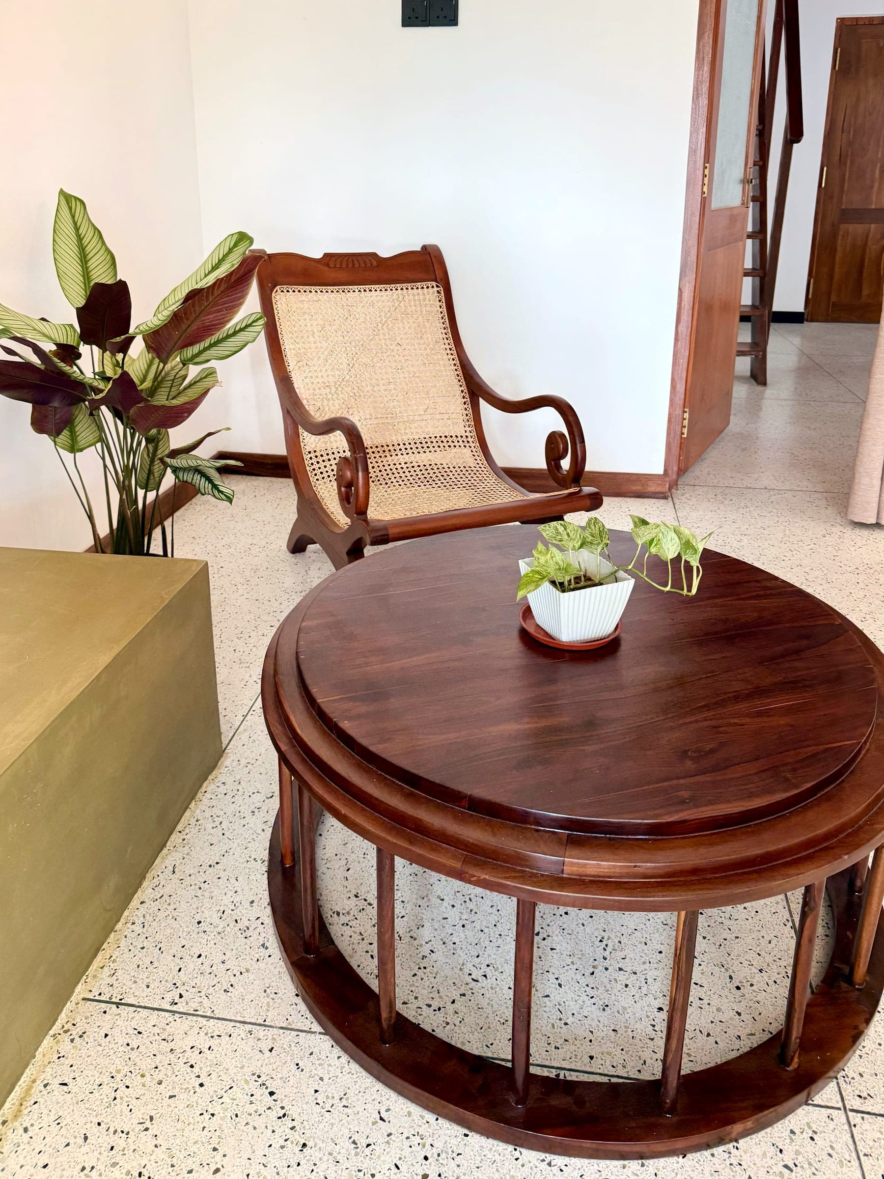 Planter's chair, a round teak table with a potted pothos, and a calathea on the terrazzo floor