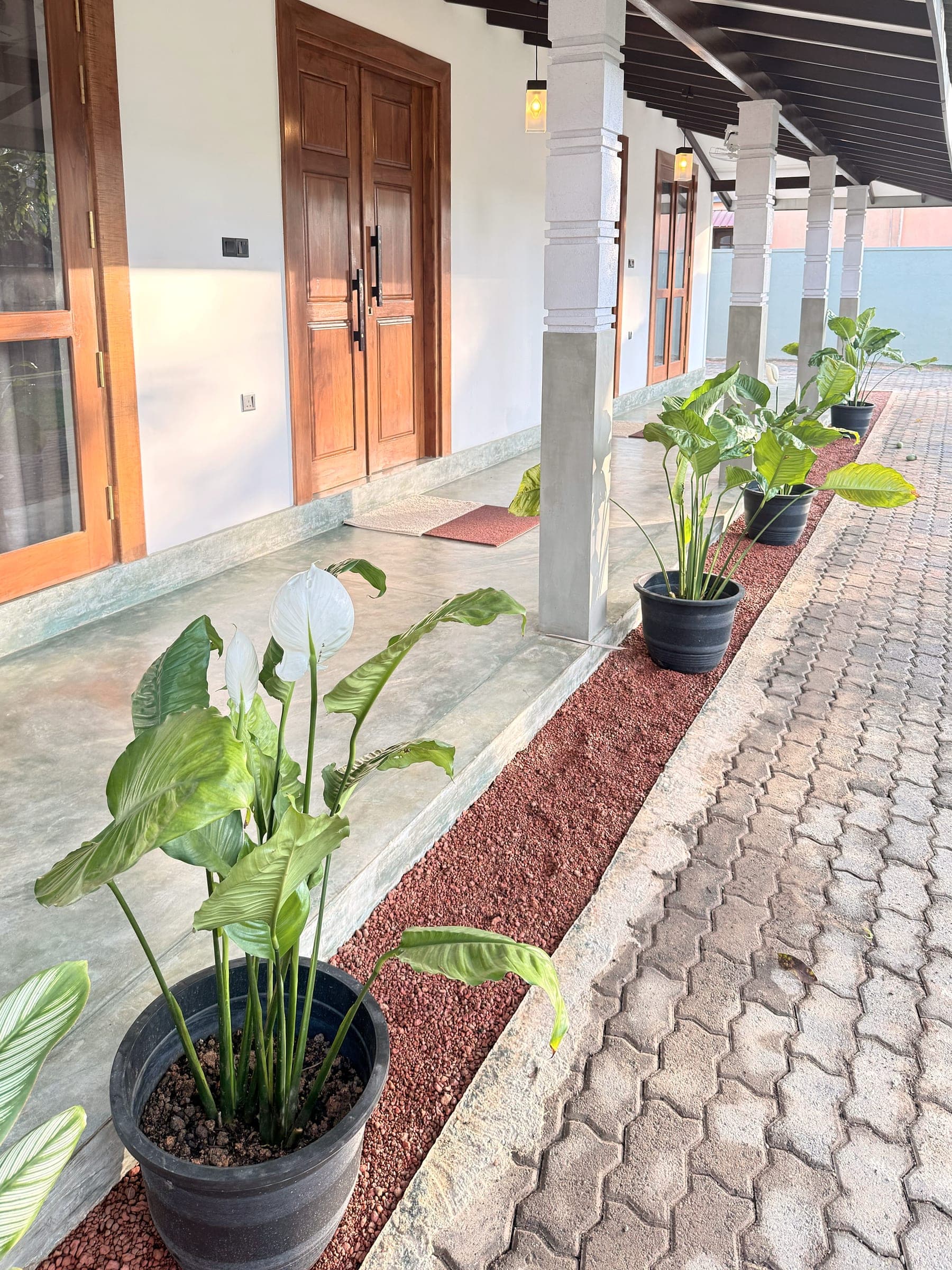 Covered veranda with teak doors and peace lilies along a paved path